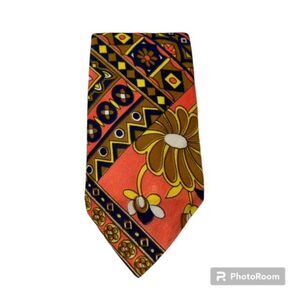 Hand Made by Mad Mary Orange Multicolored Floral Print Statement Neck Tie